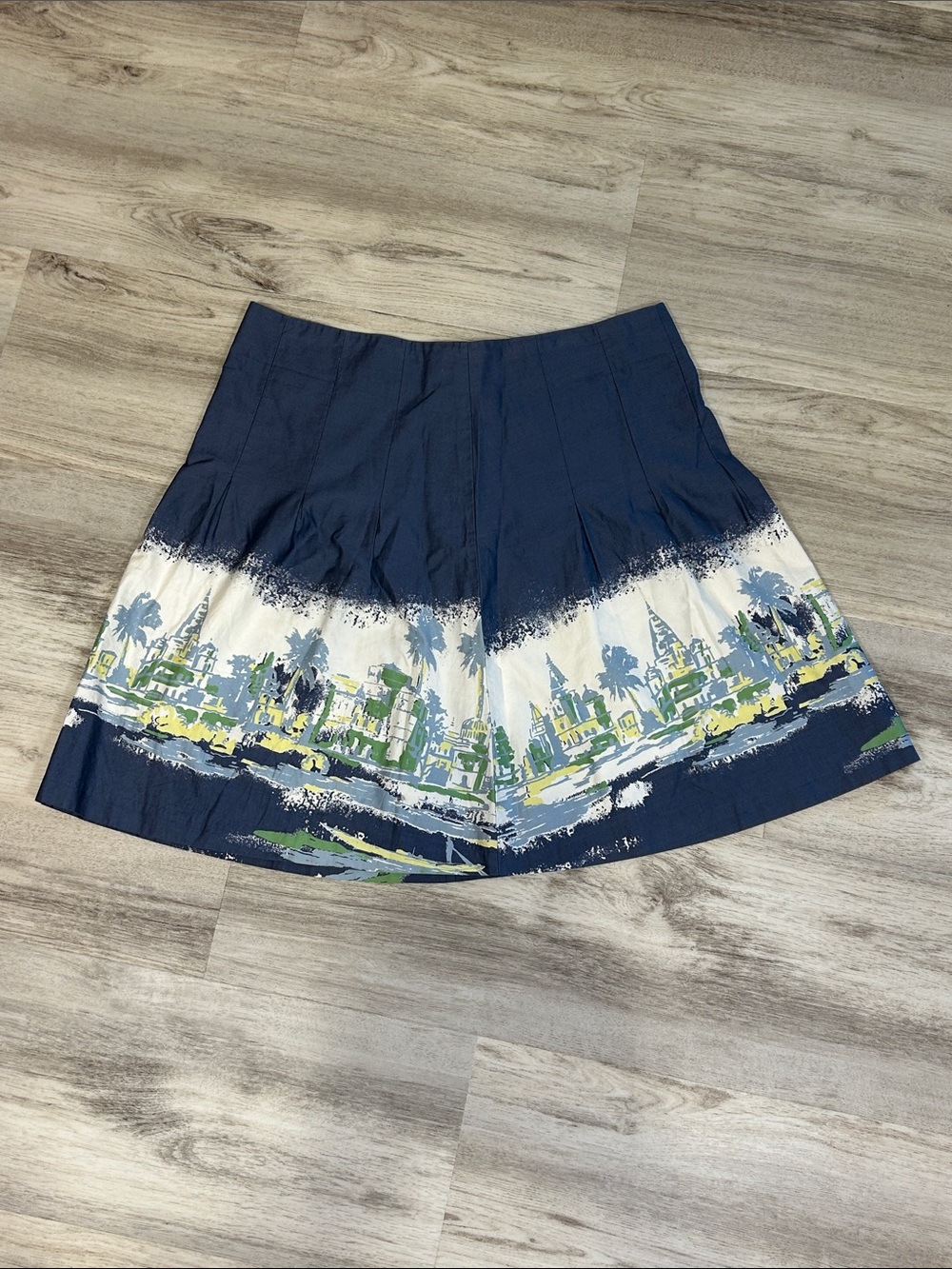 Vintage Y2K Old Navy Coastal Scene Border Print A-Line Skirt Blue Cotton | Sz 10